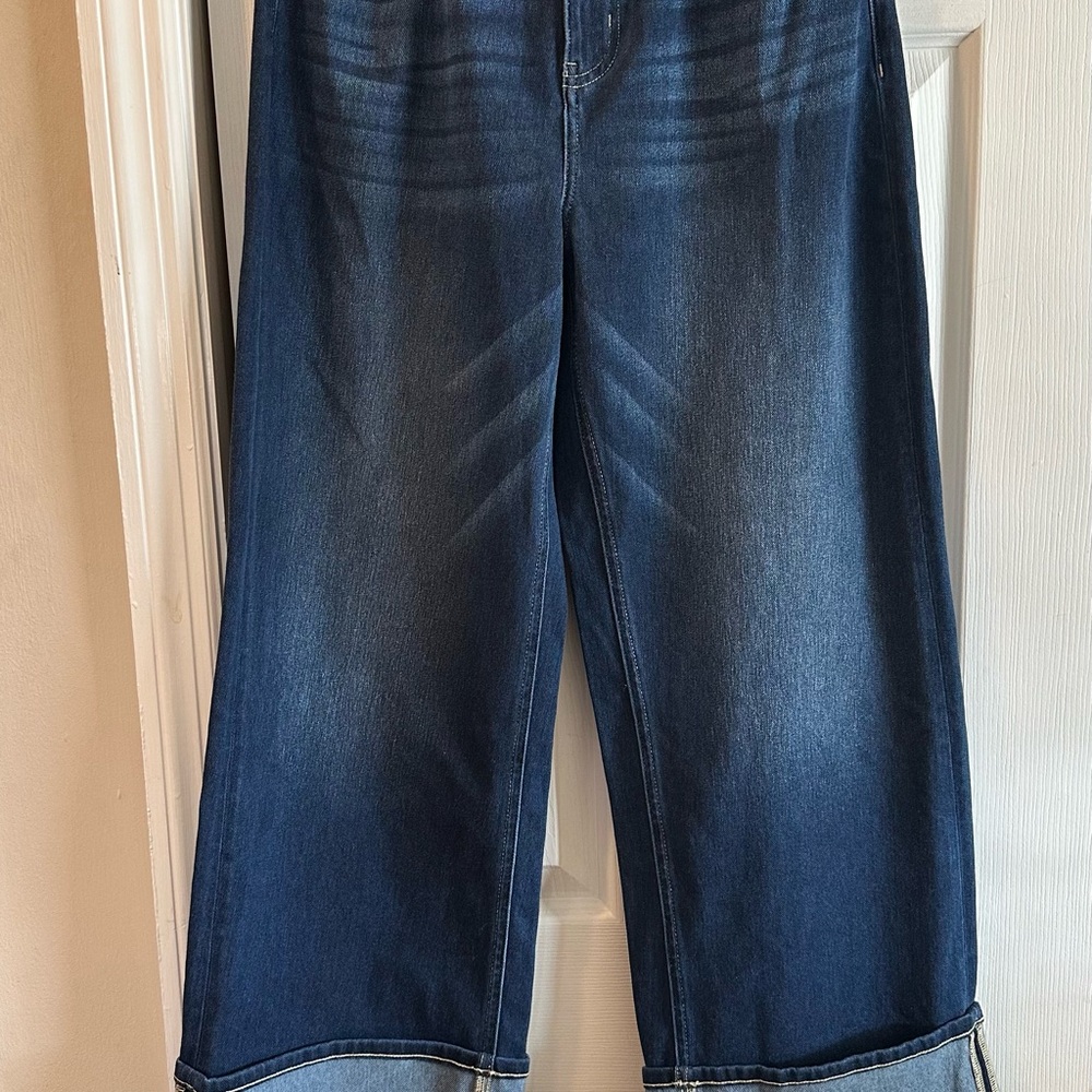 Halara -Wide-Leg Blue Jeans High Waisted Multiple Pockets Rolled Hem - - Picture 2 of 3
